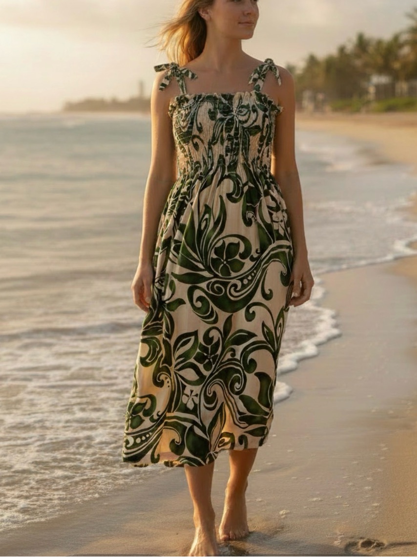 Green Floral Tie-Shoulder Midi Dress
